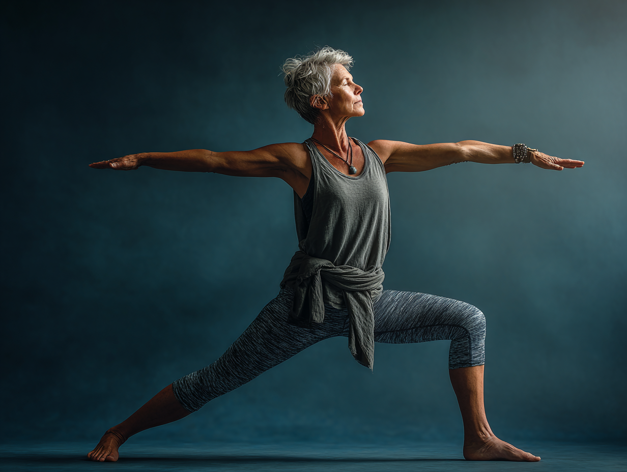 Людина старшого віку виконує базові асани йоги